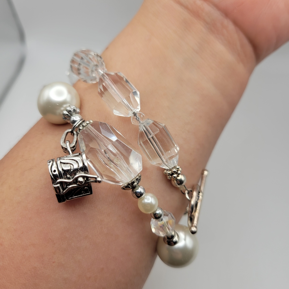 Elegant Silver and Faux Pearl Beaded Bracelet Set of 2